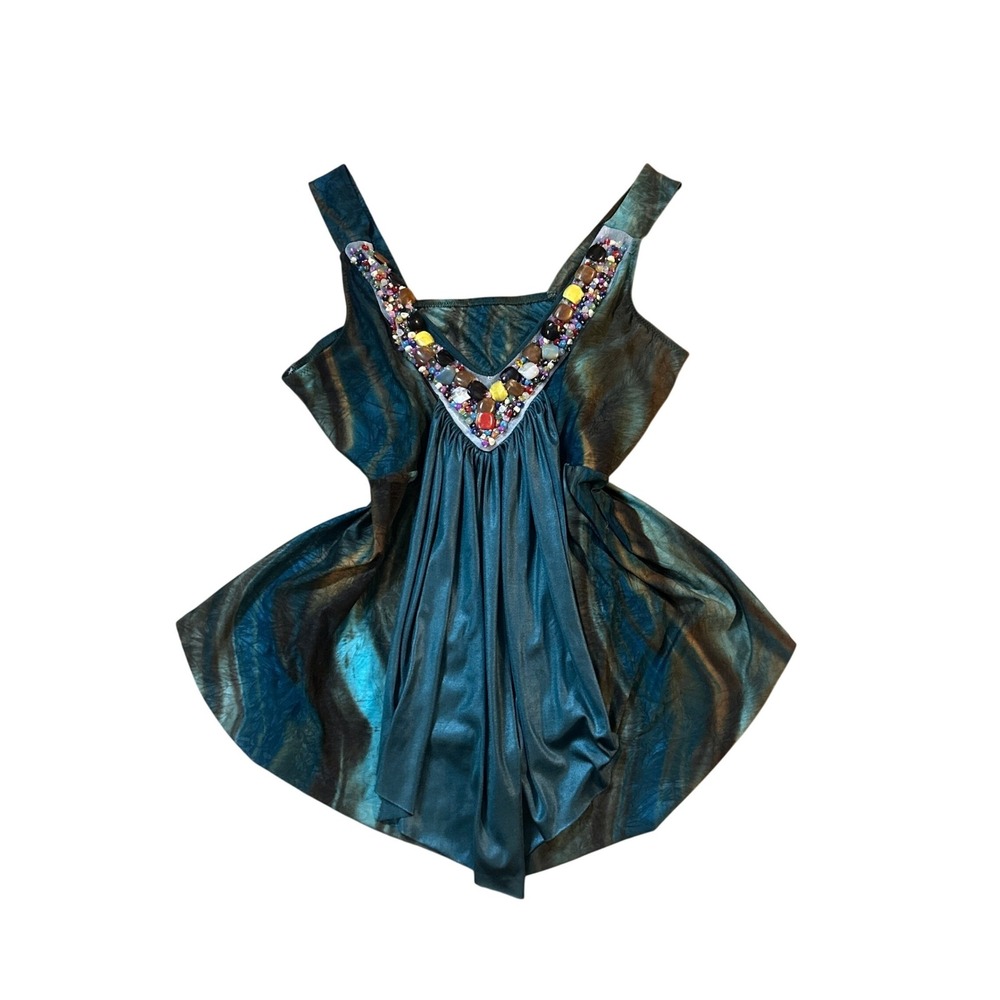 Y2K TL Womens XL Teal Brown Beaded V-Neck Handkerchief Hem Tunic Top J1561